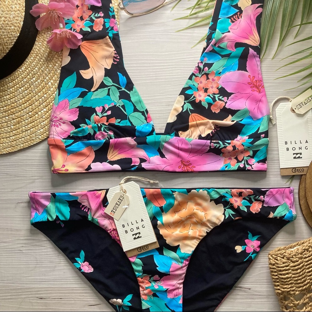 Billabong •• Floral Reversible Plunge Top | Lowrider Bikini Bottoms 🌺🌴💛